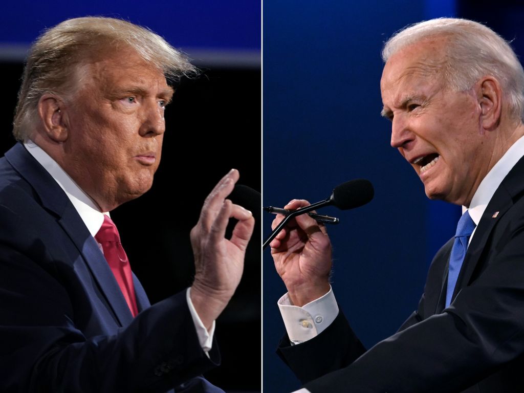 Donald Trump and Joe Biden debate at Belmont University in Nashville, Tennessee, on October 22, 2020. (Photos by Brendan Smialowski and Jim Watson/ AFP/Getty Images)
