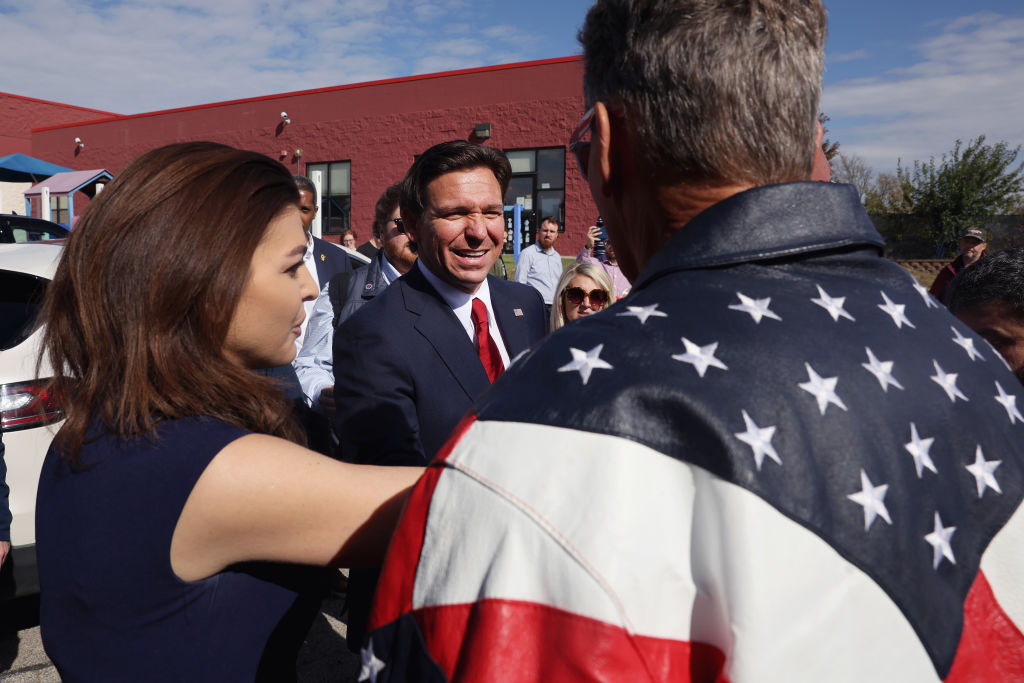 Florida Gov. Ron DeSantis and his wife Casey speak with guests after a campaign event at Refuge City Church on October 08, 2023 in Cedar Rapids, Iowa. (Photo by Scott Olson/Getty Images)