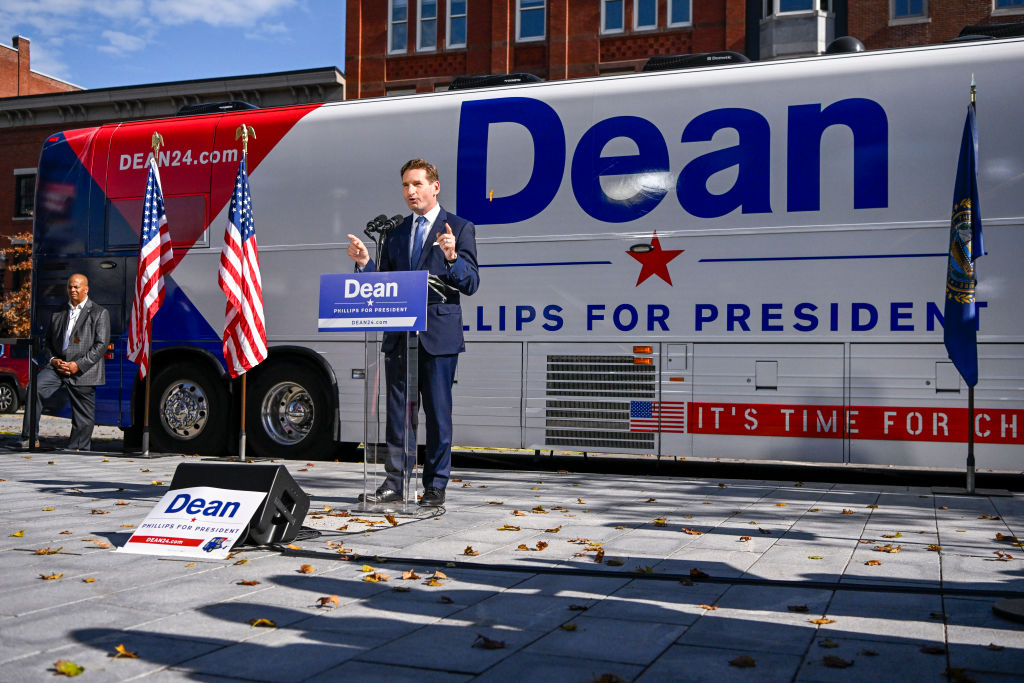 Rep. Dean Phillips holds a rally outside of the New Hampshire Statehouse after handing over his declaration of candidacy form for president on October 27, 2023, in Concord, New Hampshire. (Photo by Gaelen Morse/Getty Images)