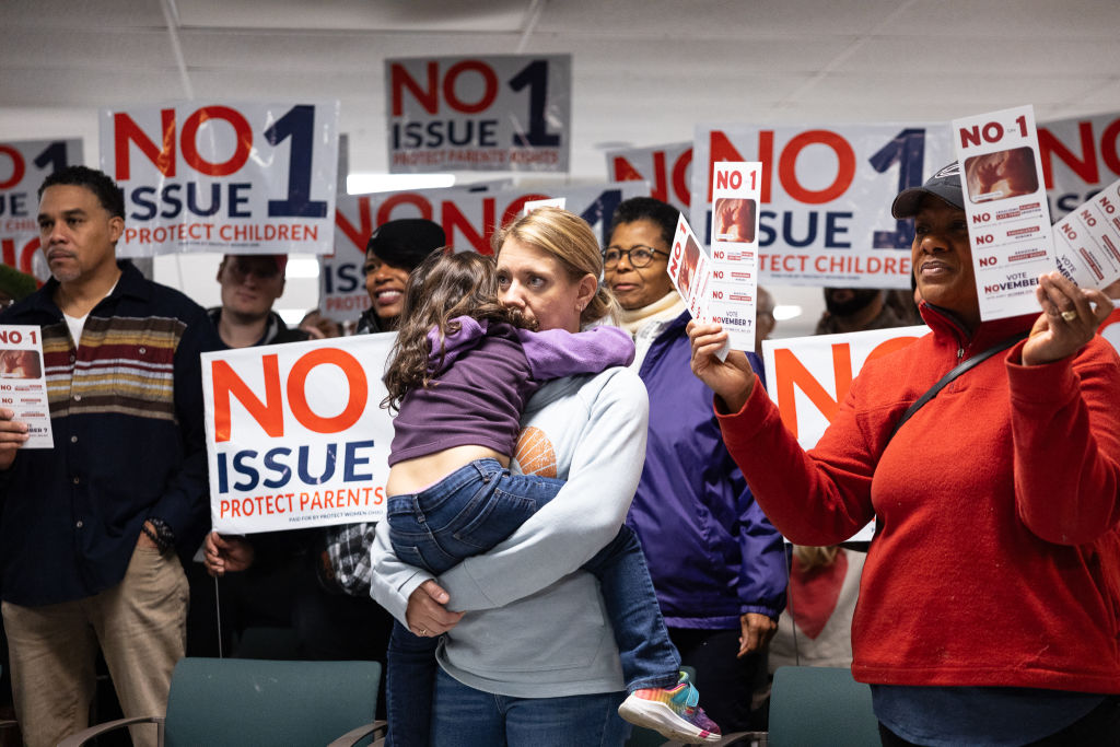 Canvassers hold pro-life signs at Columbus Christian Center ahead of Election Day during a pro-life canvasing meeting in Columbus, Ohio, on November 4, 2023. (Photo by MEGAN JELINGER/AFP via Getty Images)