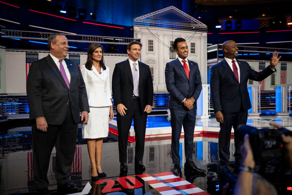 Chris Christie, Nikki Haley, Ron DeSantis, Vivek Ramaswamy, and Tim Scott take the stage at the third Republican debate at the Adrienne Arsht Center for the Performing Arts in Miami, Florida, on Wednesday, November 8, 2023. (Photo by Thomas Simonetti for The Washington Post via Getty Images)