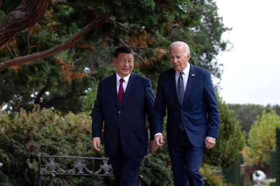 U.S. President Joe Biden and Chinese President Xi Jinping walk together after a meeting during the Asia-Pacific Economic Cooperation (APEC) Leaders' week in Woodside, California, on November 15, 2023. (Photo by BRENDAN SMIALOWSKI/AFP via Getty Images)