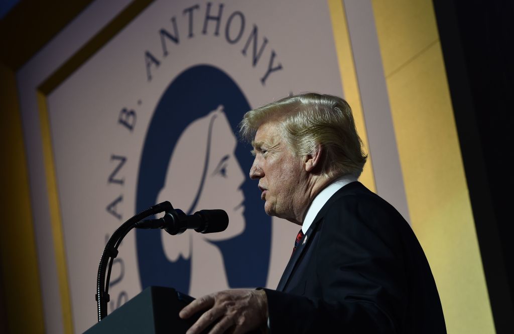 Former President Donald Trump at the Susan B. Anthony 11th Annual Campaign for Life Gala at the National Building Museum on May 22, 2018, in Washington. (Photo by BRENDAN SMIALOWSKI/AFP via Getty Images)