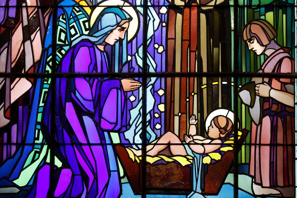 Nativity of Christ. Christmas crib. Saint-Joseph church. Nativity of Christ. Stained glass window by Raphael Lardeur. Chedde. France.