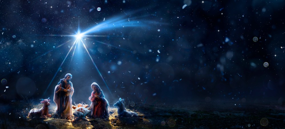 Nativity Of Jesus With Comet Star – Scene With The Holy Family In Snowy Night And Starry Sky