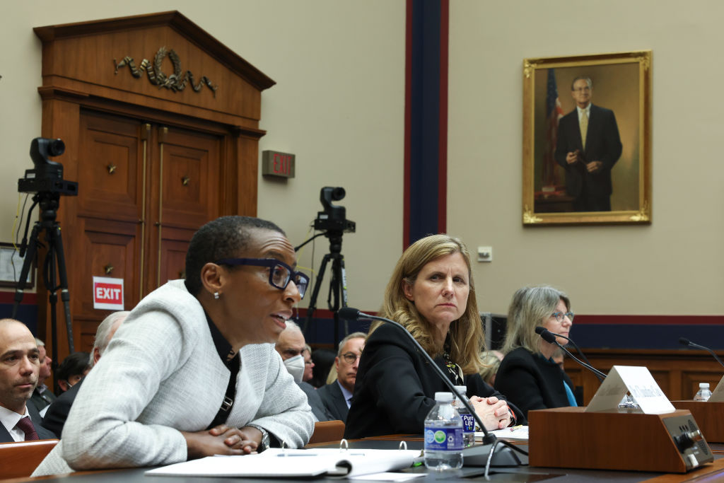 Dr. Claudine Gay, president of Harvard University, Liz Magill, president of University of Pennsylvania, and Dr. Sally Kornbluth, president of Massachusetts Institute of Technology, testify before the House Education and Workforce Committee at the Rayburn House Office Building on December 5, 2023 in Washington, D.C.  (Photo by Kevin Dietsch/Getty Images)
