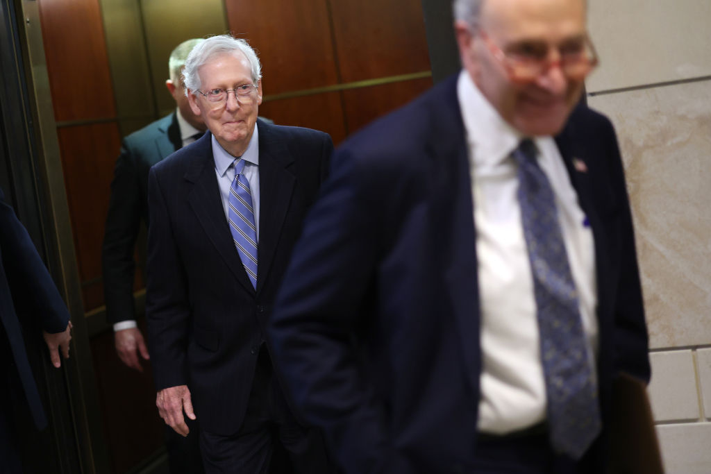 Senate Minority Leader Mitch McConnell and Majority Leader Chuck Schumer arrive for an all-senators closed briefing on the Ukrainian war effort at the U.S. Capitol on December 5, 2023. (Photo by Kevin Dietsch/Getty Images)