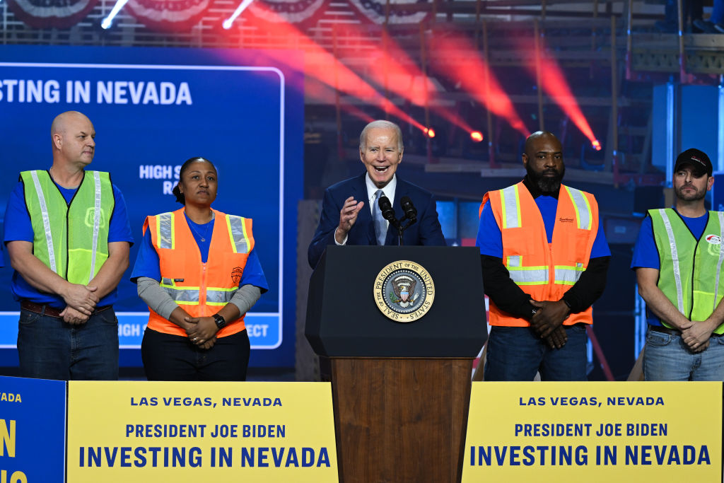 President Biden delivers remarks on his Investing in America agenda at the Carpenters International Training Center in Las Vegas, Nevada, on December 8, 2023. (Photo by Tayfun Coskun/Anadolu via Getty Images)