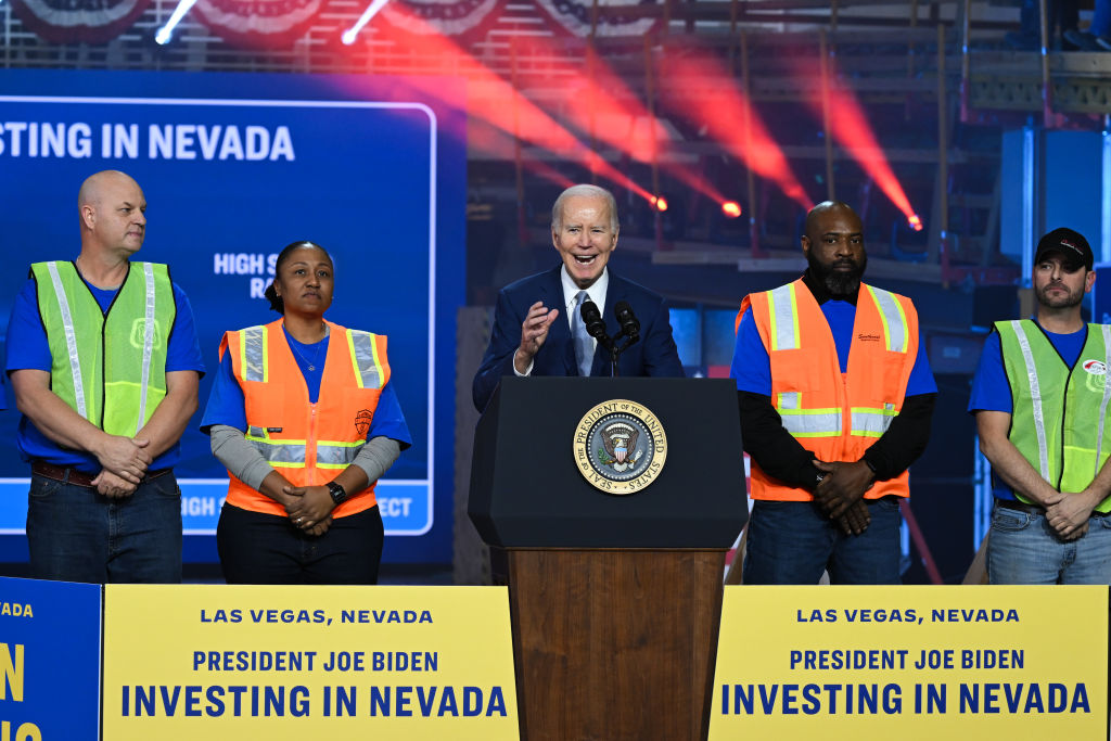President Biden delivers remarks on his Investing in America agenda at the Carpenters International Training Center in Las Vegas, Nevada, on December 8, 2023. (Photo by Tayfun Coskun/Anadolu via Getty Images)