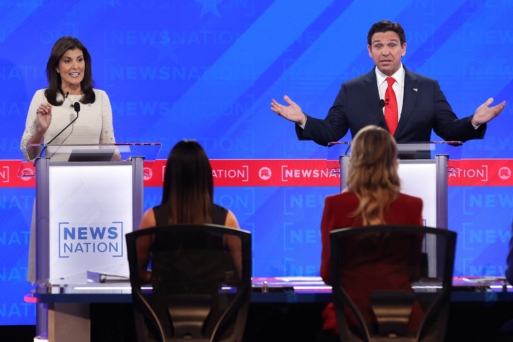 Former U.N. Ambassador Nikki Haley and Florida Gov. Ron DeSantis participate in the NewsNation Republican Presidential Primary Debate at the University of Alabama on December 6, 2023, in Tuscaloosa, Alabama. (Photo by Justin Sullivan/Getty Images)