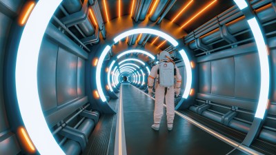 Astronaut stands in a tunnel with neon lights ready for a journey