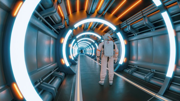 Astronaut stands in a tunnel with neon lights ready for a journey