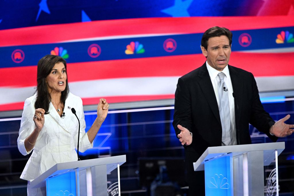 Presidential hopefuls Nikki Haley and Ron DeSantis speak during the third Republican primary debate in Miami, Florida, on November 8, 2023. (Photo by Mandel Ngan/AFP/Getty Images)
