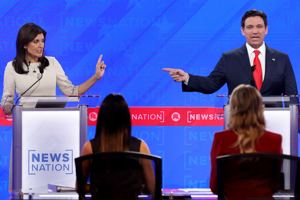 Republican presidential candidates Nikki Haley and Ron DeSantis participate in the NewsNation Republican Presidential Primary Debate at the University of Alabama on December 6, 2023, in Tuscaloosa, Alabama. (Photo by Justin Sullivan/Getty Images)