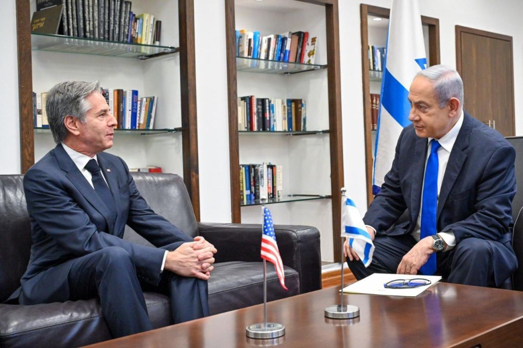 Israeli Prime Minister Benjamin Netanyahu welcomes the U.S. Secretary of State Antony Blinken during his official visit as part of Middle East Tour, in Tel Aviv, Israel, on January 9, 2024. (Photo by Kobi Gideon (GPO) / Handout/Anadolu via Getty Images)