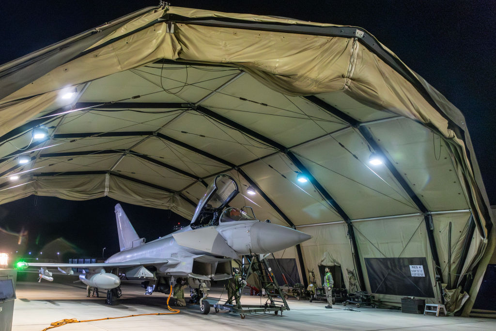 In this handout image provided by the U.K. Ministry of Defence, an RAF Typhoon aircraft returns to berth following a strike mission on Yemen's Houthi rebels at RAF Akrotiri on January 12, 2024, in Akrotiri, Cyprus. (Photo by MoD Crown Copyright via Getty Images)