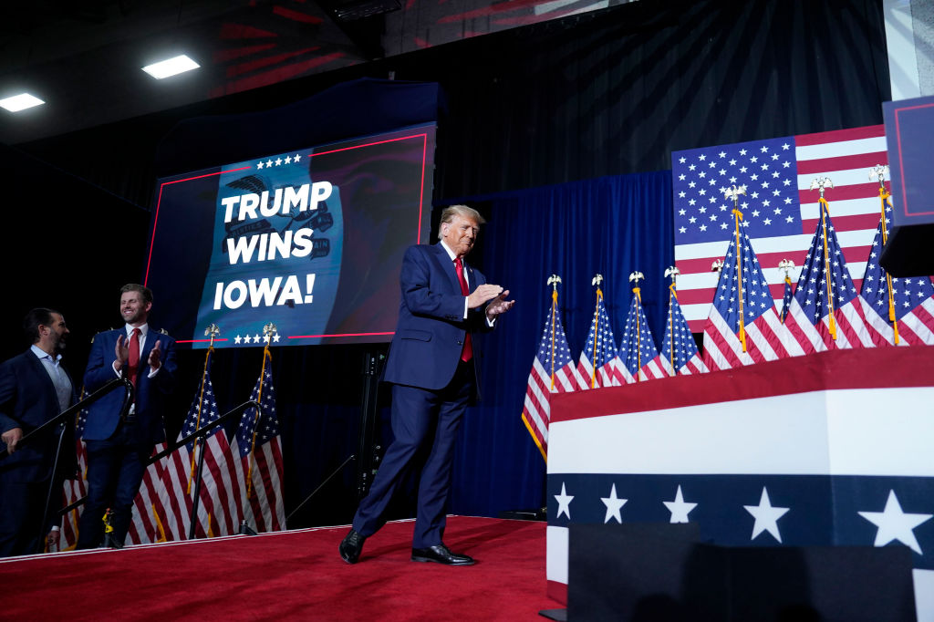 Former president Donald Trump at his Caucus Night watch party in Des Moines, Iowa, on January 15, 2024. (Photo by Jabin Botsford/The Washington Post via Getty Images)
