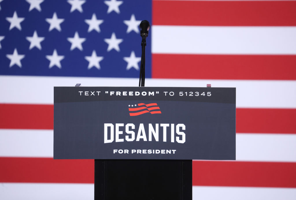 Florida Gov. Ron DeSantis' podium at his caucus night event on January 15, 2024, in West Des Moines, Iowa. (Photo by Scott Olson/Getty Images)