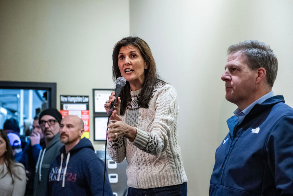 Republican presidential hopeful and former U.N. Ambassador Nikki Haley speaks with supporters at Deciduous Brewing in Newmarket, while campaigning in New Hampshire on January 21, 2024. (Photo by JOSEPH PREZIOSO/AFP via Getty Images)
