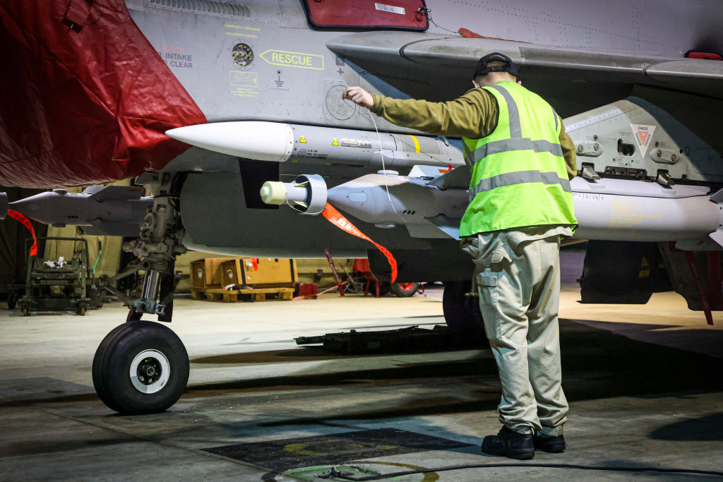 n this handout image provided by the UK Ministry of Defence, a Royal Air Force Typhoon FGR4 is prepared for take off to carry out air strikes against Houthi military targets in Yemen at RAF Akrotiri on January 22, 2024 in Akrotiri, Cyprus. (Photo by MoD Crown Copyright via Getty Images)
