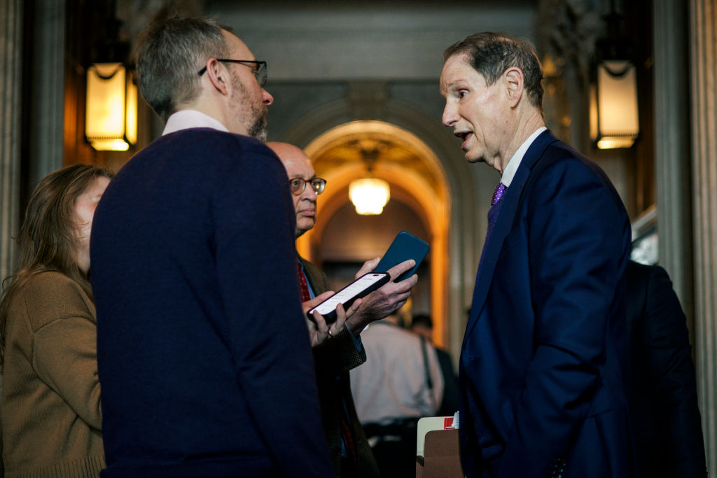 Sen. Ron Wyden (D-OR) talks to reporters on January 23, 2024, in Washington, D.C. Sen. Wyden is one of the main architects of the child tax credit proposal currently being considered in Congress. (Photo by Samuel Corum/Getty Images)