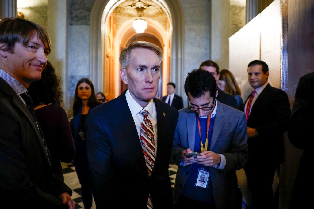 GOP Sen James Lankford departs from the Senate Chambers of the U.S. Capitol Building on January 25, 2024, in Washington, D.C. Senators continue to negotiate a deal to pass a bipartisan Ukraine funding bill paired with immigration and border security reform package. (Photo by Anna Moneymaker/Getty Images)