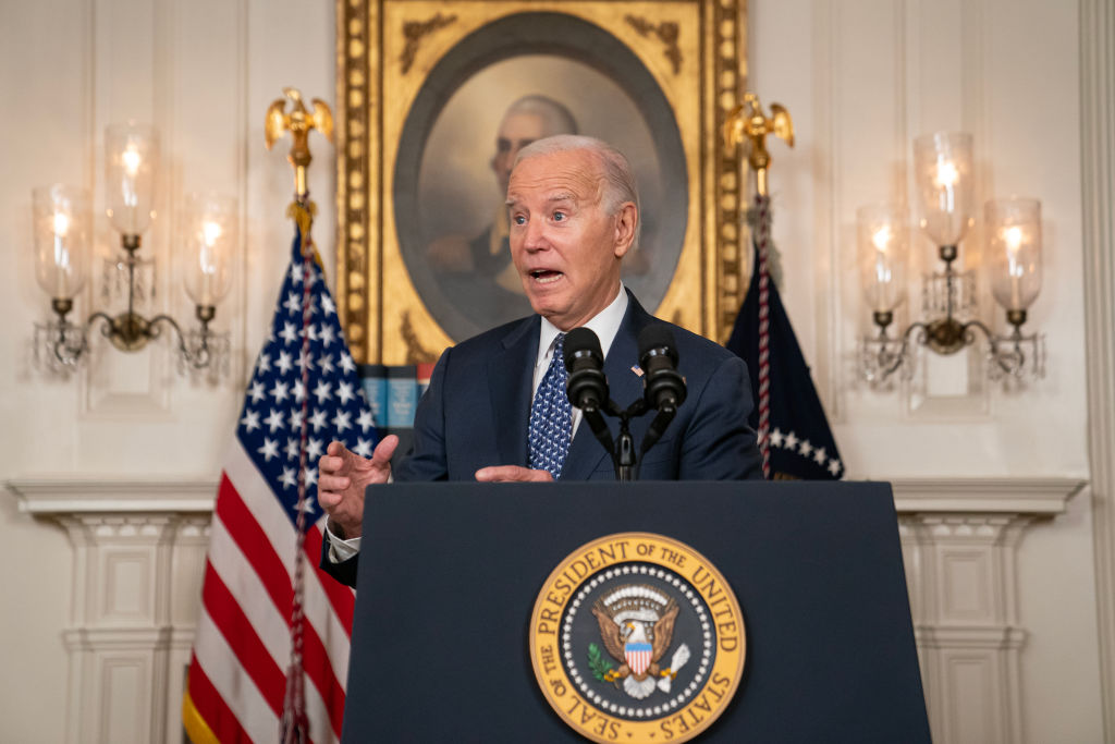 President Joe Biden delivers remarks responding to Special Counsel Robert Hur's report in the Diplomatic Reception Room of the White House on February 8, 2024, in Washington, D.C. (Photo by Nathan Howard/Getty Images)