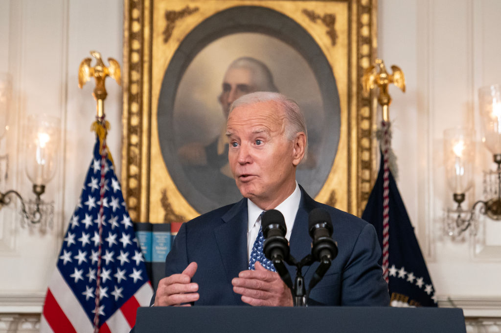 President Joe Biden delivers remarks in the Diplomatic Reception Room of the White House on February 8, 2024, in Washington, D.C. (Photo by Nathan Howard/Getty Images)