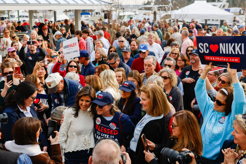 Republican presidential hopeful and former U.N. Ambassador Nikki Haley speaks with supporters at a campaign stop in Georgetown, South Carolina, on February 22, 2024. (Photo by Julia Nikhinson/AFP/Getty Images)