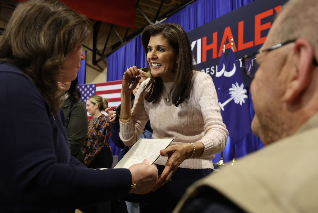 Republican presidential candidate Nikki Haley greets supporters during a campaign event on February 19, 2024, in Greer, South Carolina. (Photo by Justin Sullivan/Getty Images)