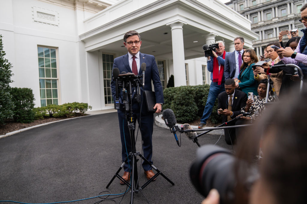 Speaker Mike Johnson addresses the media at the White House on Tuesday, February 27, 2024, after a meeting with President Joe Biden and Vice President Kamala Harris to discuss funding the government and avoiding a shutdown. (Tom Williams/CQ-Roll Call, Inc via Getty Images)
