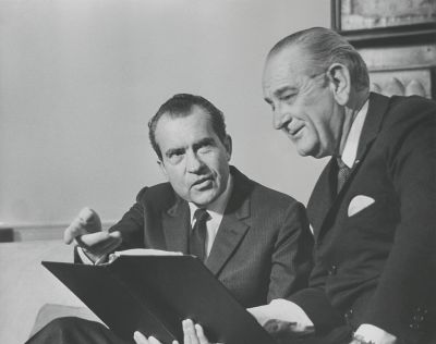 President-elect Richard M. Nixon with President Lyndon B. Johnson in the Oval Office