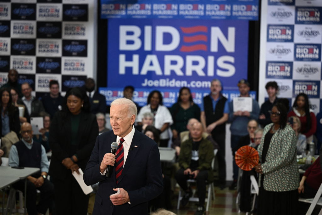 President Joe Biden speaks to local supporters and volunteers at the office opening of the Wisconsin coordinated campaign headquarters in Milwaukee, Wisconsin, on March 13, 2024. (Photo by BRENDAN SMIALOWSKI/AFP via Getty Images)