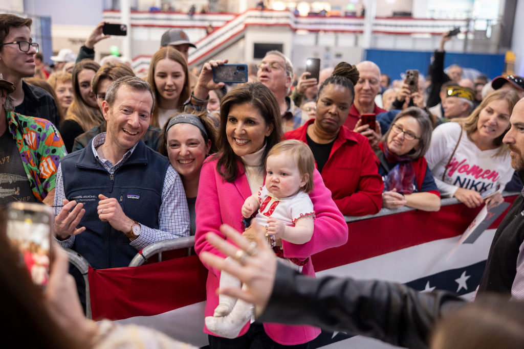 Nikki Haley holds a baby for a photo at a campaign event on February 27, 2024 in Centennial, Colorado. The Republican presidential primary in Colorado is on Super Tuesday, March 5. (Photo by Chet Strange/Getty Images)