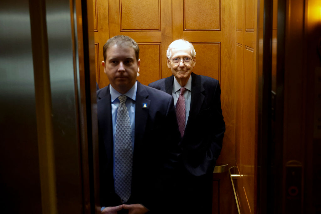 Senate Minority Leader Mitch McConnell rides in an elevator as he leaves the U.S. Capitol Building on February 27, 2024. (Photo by Anna Moneymaker/Getty Images)