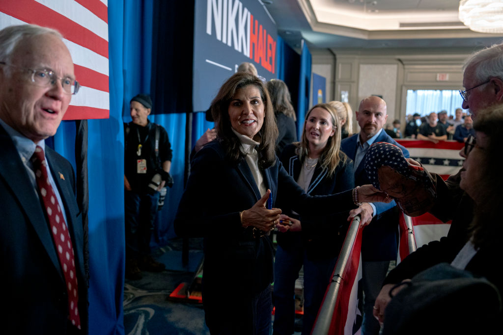Former South Carolina Gov. Nikki Haley greets supporters following a speech at a campaign event at the DoubleTree Hotel in South Burlington, Vermont, on March 3, 2024. (Photo by John Tully/Getty Images)