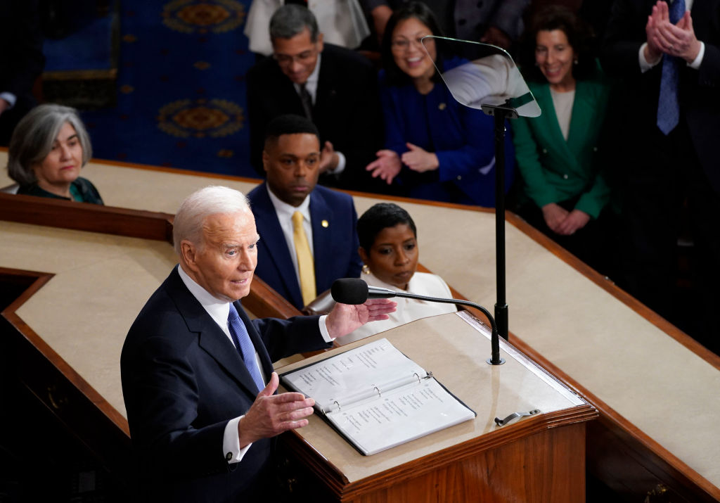 President Joe Biden delivers his State of the Union address to a joint session of Congress on Capitol Hill on March 7, 2024, in Washington, D.C. (Photo by Jabin Botsford/The Washington Post via Getty Images)