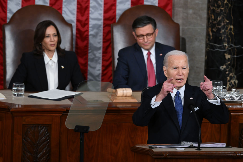 President Joe Biden speaks during the State of the Union address on March 7, 2024, in Washington, D.C. (Photo by Matt McClain/The Washington Post via Getty Images)