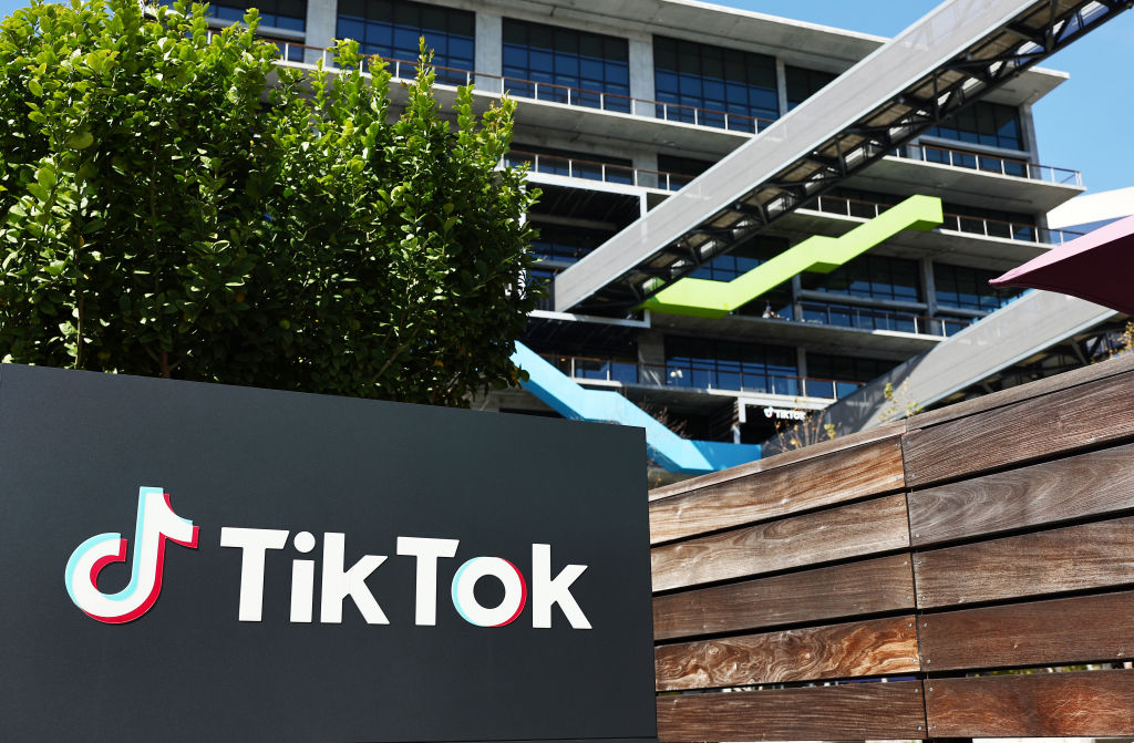 The TikTok logo is displayed outside the company’s offices on March 12, 2024, in Culver City, California. (Photo by Mario Tama/Getty Images)