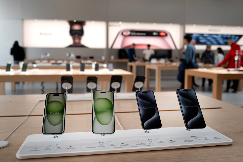 Apple products are offered for sale at an Apple store on March 21, 2024, in Chicago, Illinois.  (Photo by Scott Olson/Getty Images)