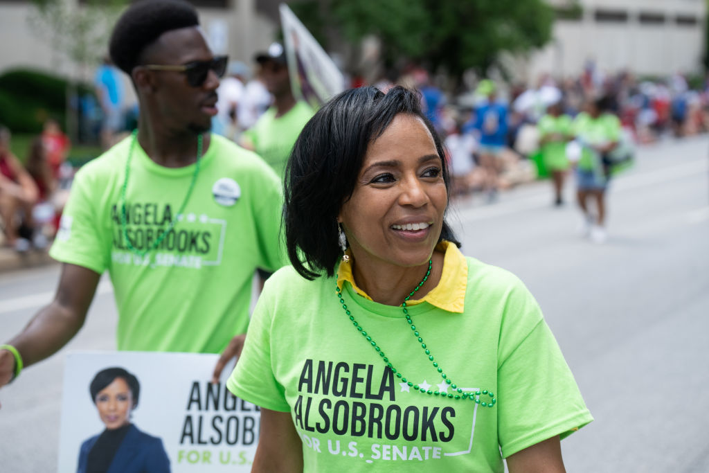 U.S. Senate candidate Angela Alsobrooks marches in the Towson Fourth of July Parade in Towson, Maryland, on July 4, 2023. (Bill Clark/CQ-Roll Call, Inc via Getty Images)