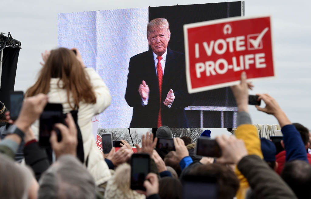 Then-President Donald Trump speaks at the 47th annual "March for Life" in Washington, D.C., on January 24, 2020. (Photo by OLIVIER DOULIERY/AFP via Getty Images)