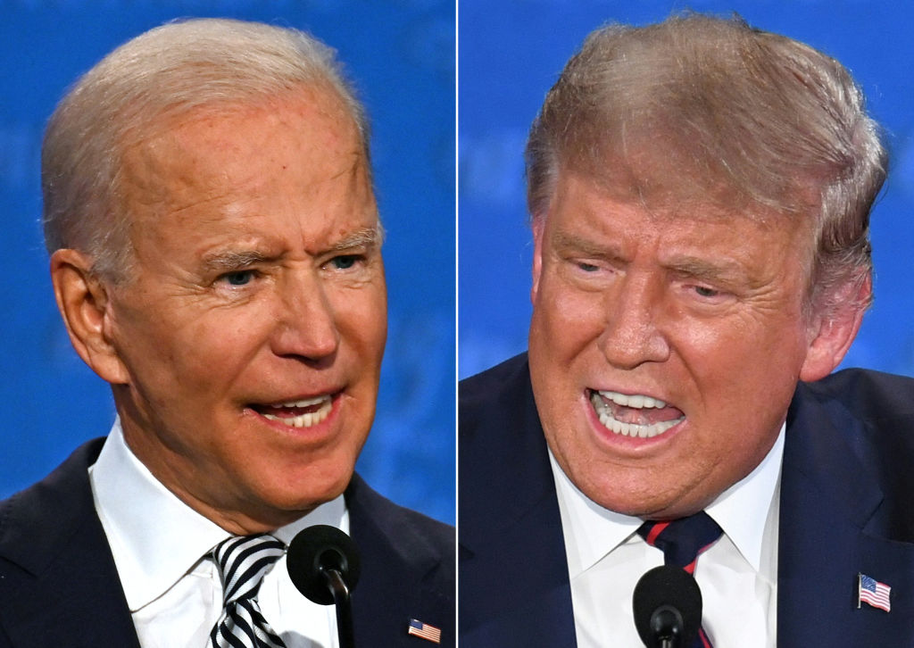 A combination of pictures shows Joe Biden and Donald Trump speaking during the first presidential debate at the Case Western Reserve University and Cleveland Clinic in Cleveland, Ohio, on September 29, 2020. (Photo by JIM WATSONSAUL LOEB/AFP via Getty Images)
