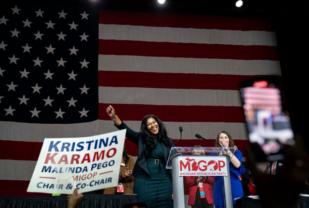 Kristina Karamo addresses the crowd after the final votes were tallied at the Michigan Republican Convention in Lansing, Michigan, on February 18, 2023. Karamo won in the third round of voting to become the new Michigan Republican Party Chair. (Photo by Sarah Rice for The Washington Post via Getty Images)
