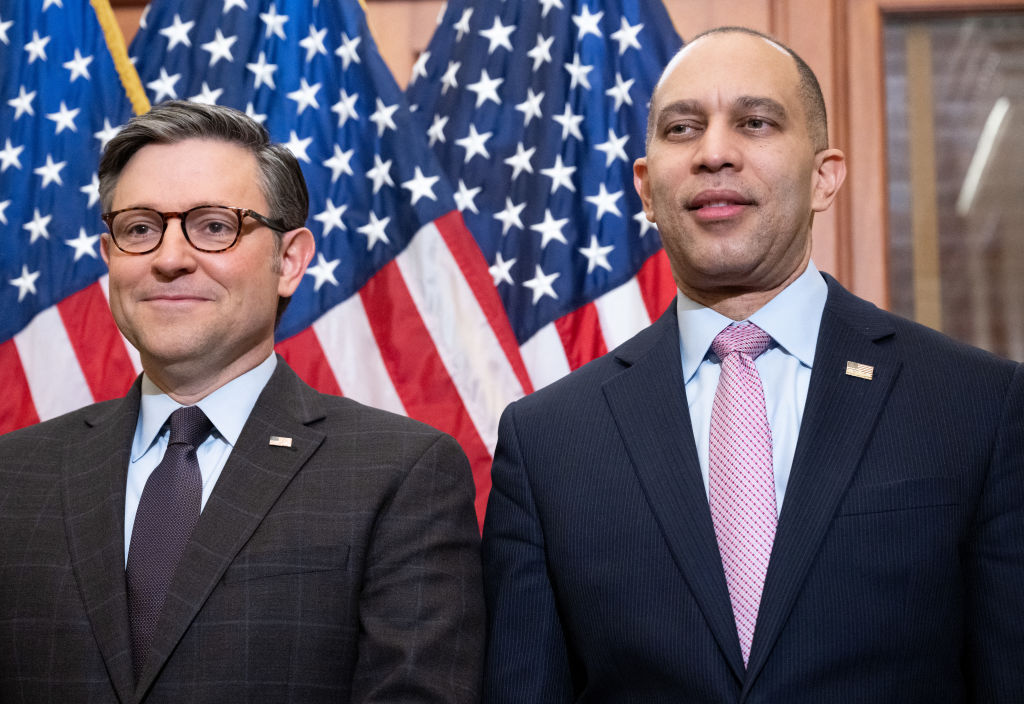House Speaker Mike Johnson and House Democratic Leader Hakeem Jeffries at the  Capitol in Washington, D.C., on March 12, 2024. (Photo by Saul Loeb/ AFP/Getty Images)
