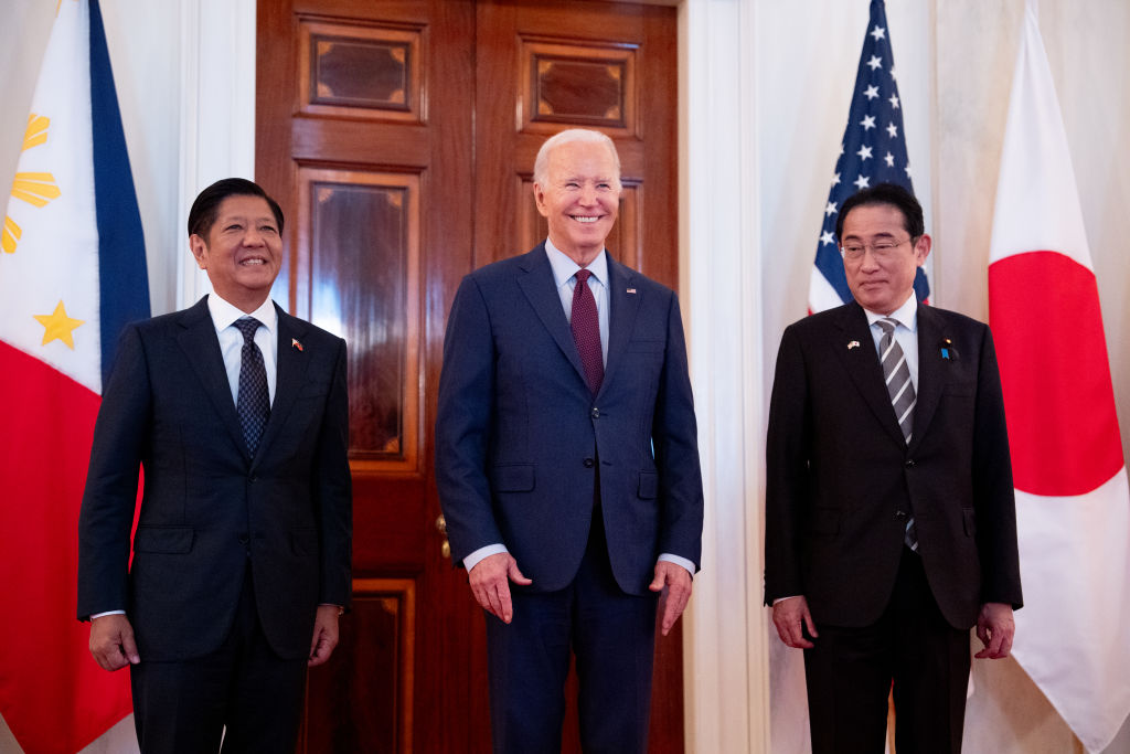 U.S. President Joe Biden holds a trilateral meeting with Japanese Prime Minister Fumio Kishida and Filipino President Ferdinand Marcos at the White House on April 11, 2024. (Photo by Andrew Harnik/Getty Images)