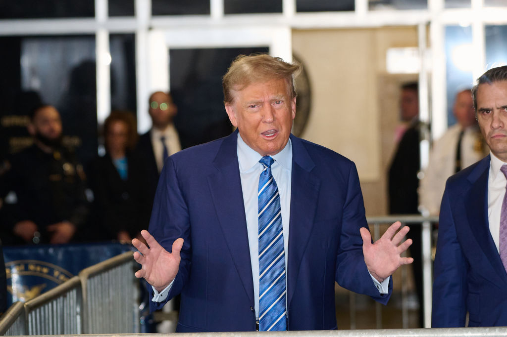 Former President Donald Trump speaks to the media on April 16, 2024, before attending jury selection on the second day of his criminal trial at Manhattan Criminal Court in New York City. (Photo by Curtis Means-Pool/Getty Images)