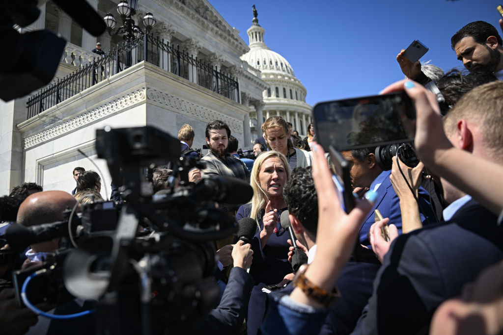 Rep. Marjorie Taylor Greene speaks to the press outside the Capitol after the House of Representatives passed aid to Ukraine and Israel on April 20, 2024. (Photo by Celal Gunes/Anadolu by Getty Images)