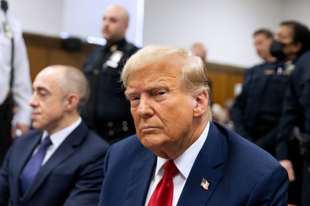 Former President Donald Trump attends his criminal trial, where he faces 34 counts of falsifying business records related to hush money payments, at Manhattan Criminal Court on April 25, 2024. (Photo by Jeenah Moon-Pool/Getty Images)
