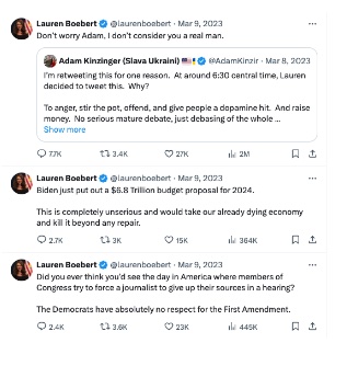 The three posts actually made by Boebert on March 9, 2023.